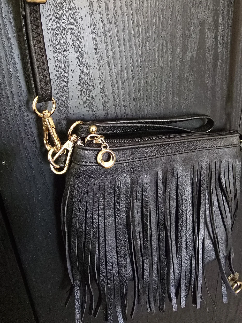 Source Unknown Black Fringe Crossbody Bag with Gold Hardware
